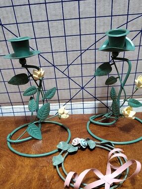 Green Floral Metal Candle Holders with Yellow Flower Accents